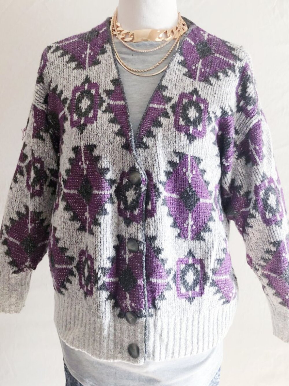 Vintage 90s Yessica Santa Fe Pattern Cardigan Gray Purple Size S